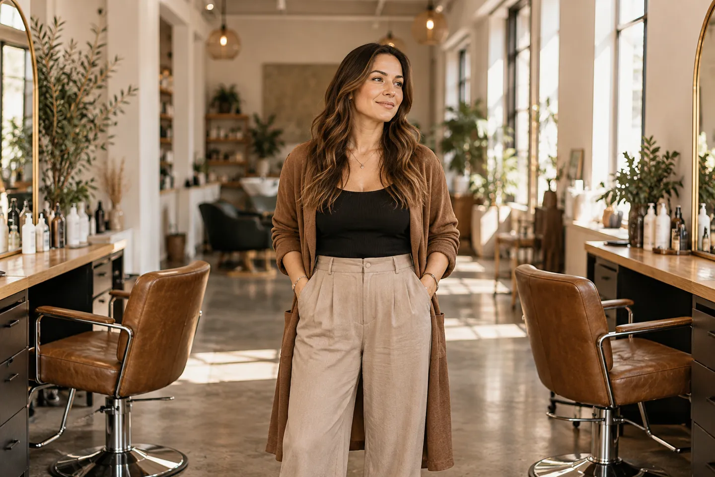 A business owner standing between two salon workstations in a long sunlit interior