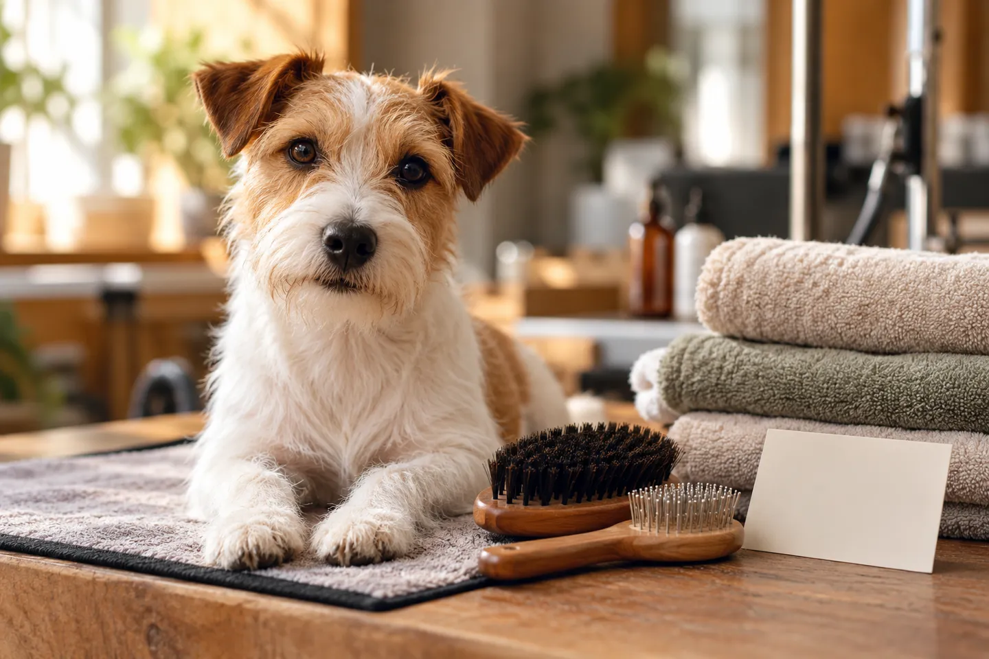 A small terrier waiting calmly beside grooming towels, two different brush sizes and a blank service card, close portrait
