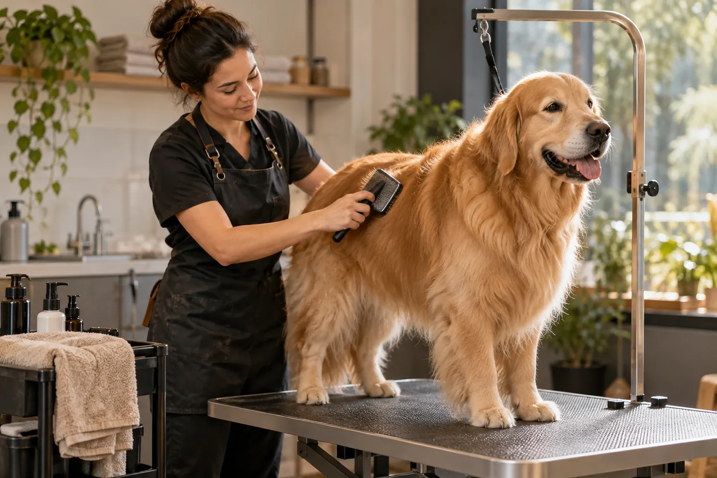 A professional groomer gently brushing a large golden dog at a modern grooming station