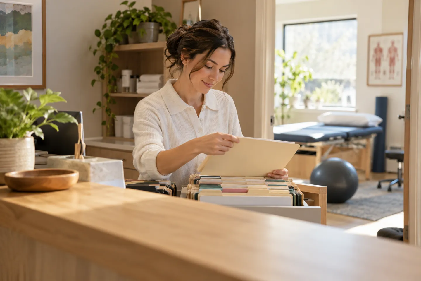 A physical therapy receptionist organizing appointment folders in a small welcoming practice