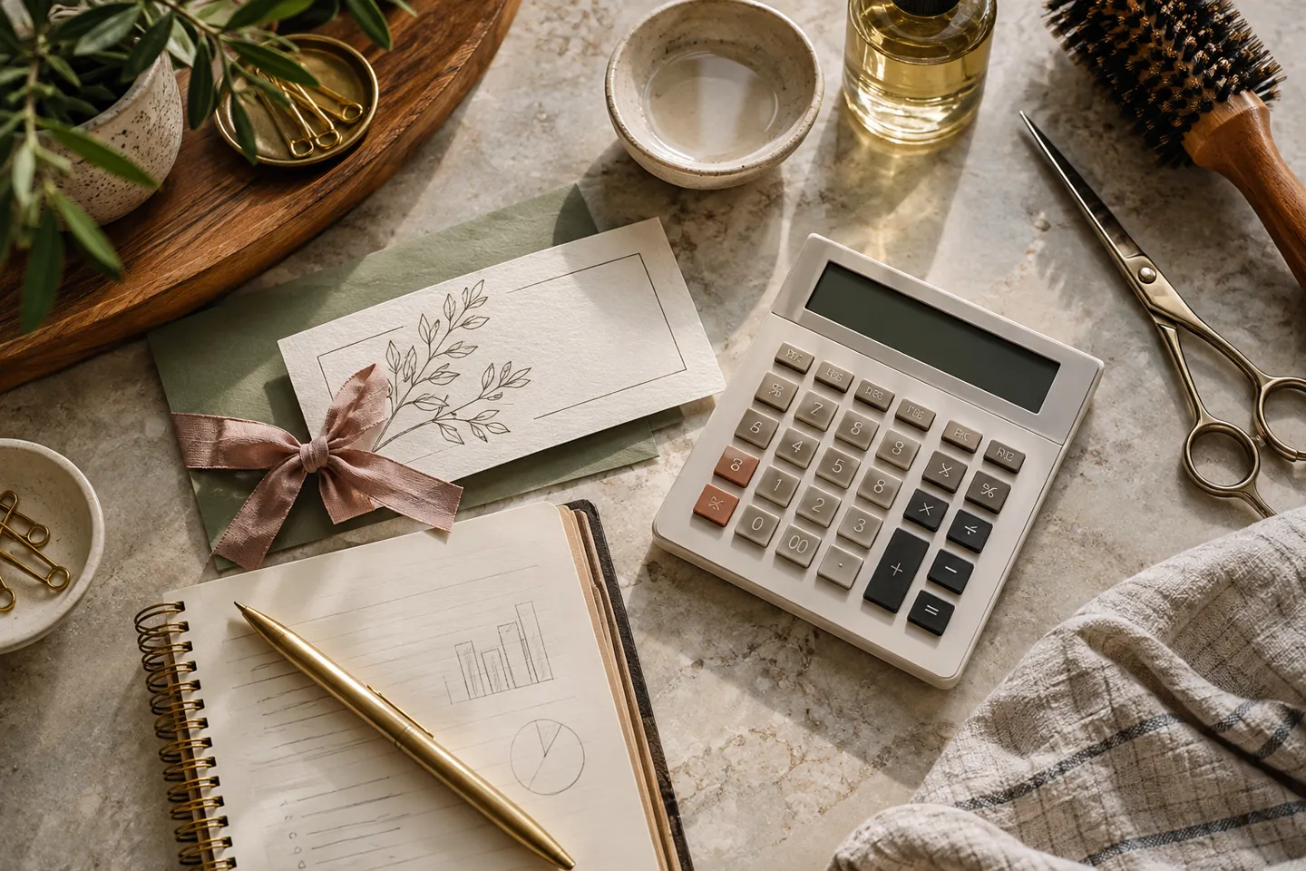 A handwritten-looking coupon with no legible text, calculator and service tools in a precise overhead still life