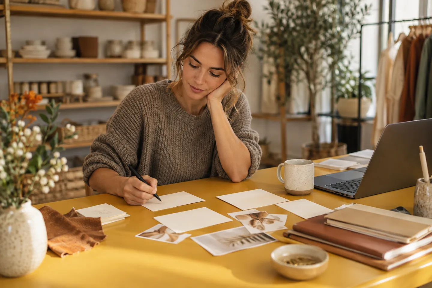 A small business owner planning a seasonal promotion with blank printed offer cards at a mustard-colored desk
