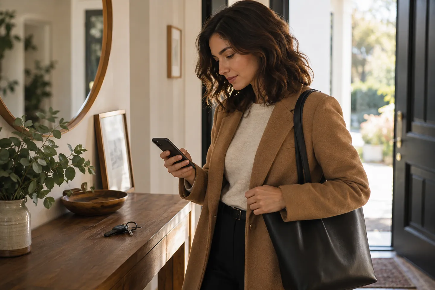 A customer checking a phone beside a coat and keys before leaving home for an appointment, no readable screen