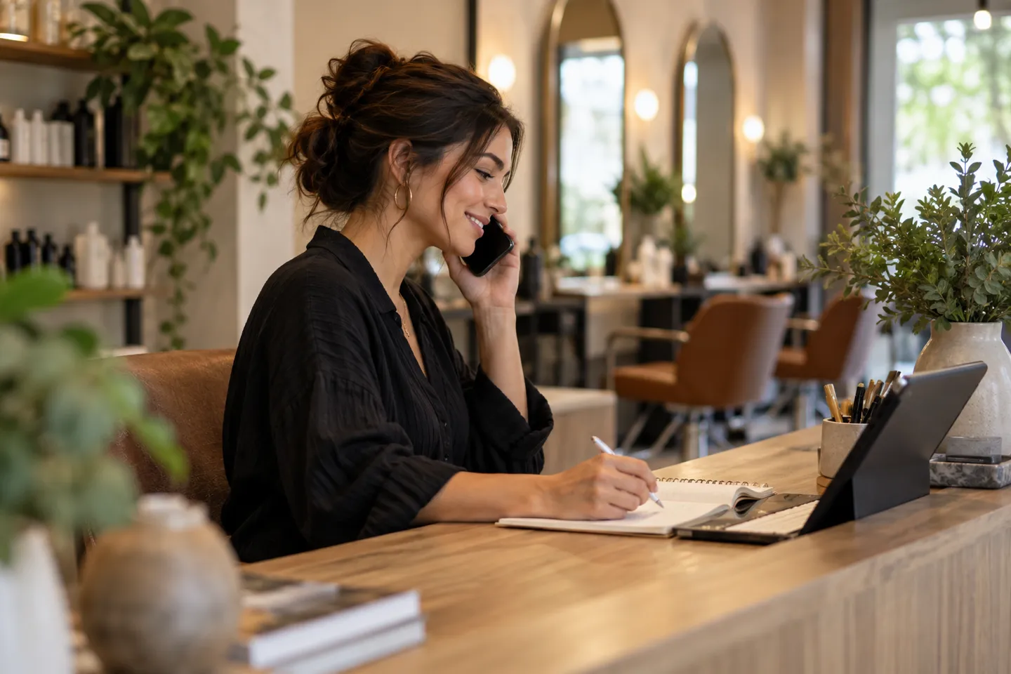 A salon receptionist making a friendly confirmation phone call at a quiet desk, side-profile editorial photograph