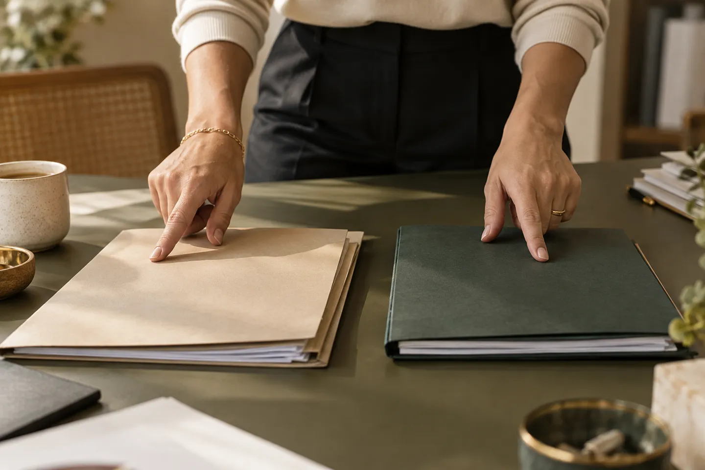 A business owner pointing to two distinct planning folders on an olive-colored desk, close crop on hands
