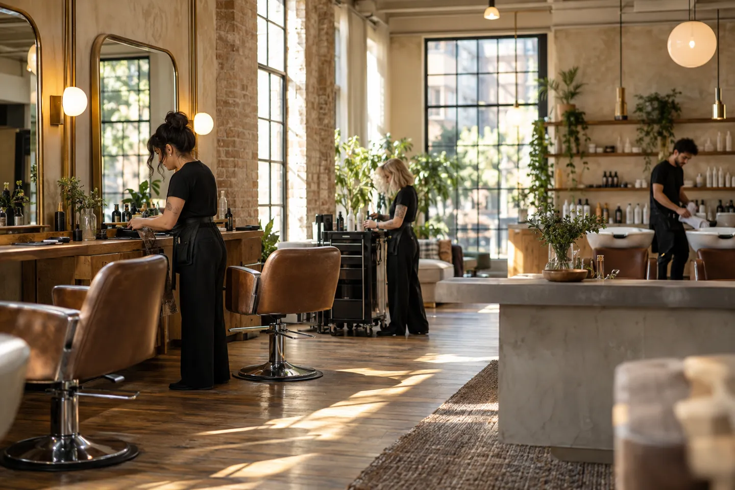 Two sizes of salon team preparing neighboring work areas in a spacious loft salon