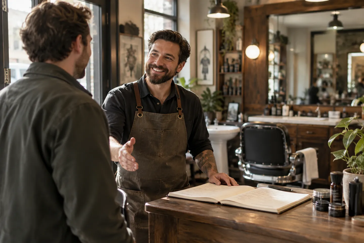 A barber welcoming an arriving client beside a handwritten paper appointment book, candid waist-up photograph