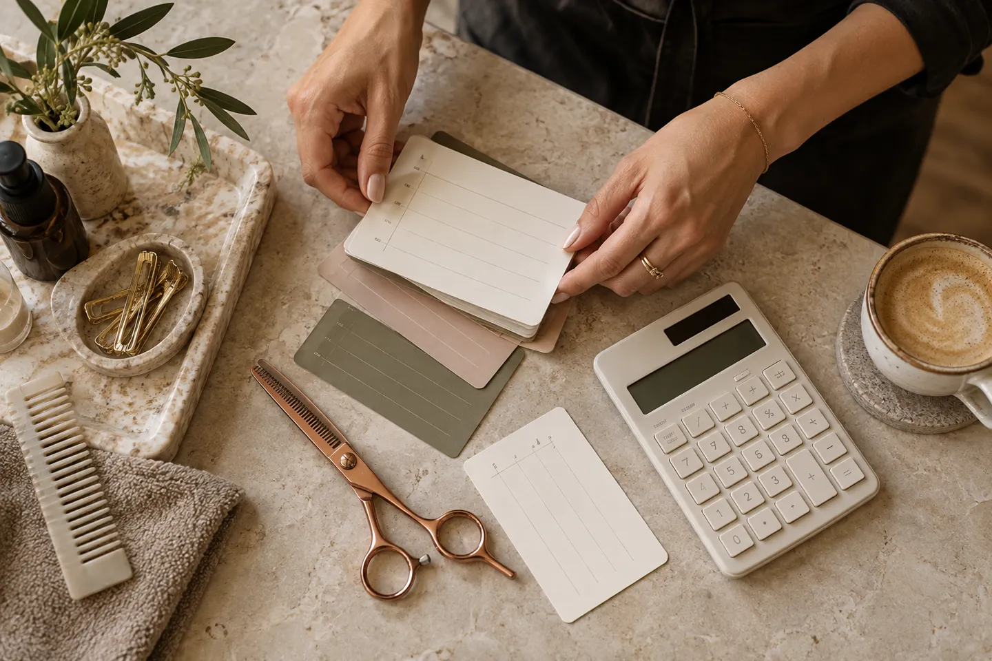 Detail of a stylist arranging appointment cards and a calculator beside copper scissors, overhead still life on pale stone