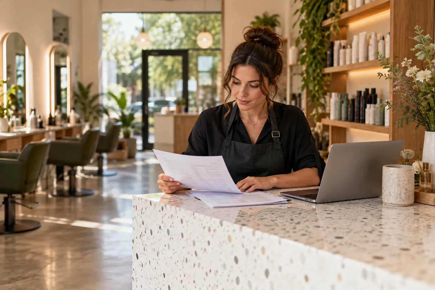 An independent salon owner reviewing a printed expense sheet at a white terrazzo reception counter, wide portrait of the working environment