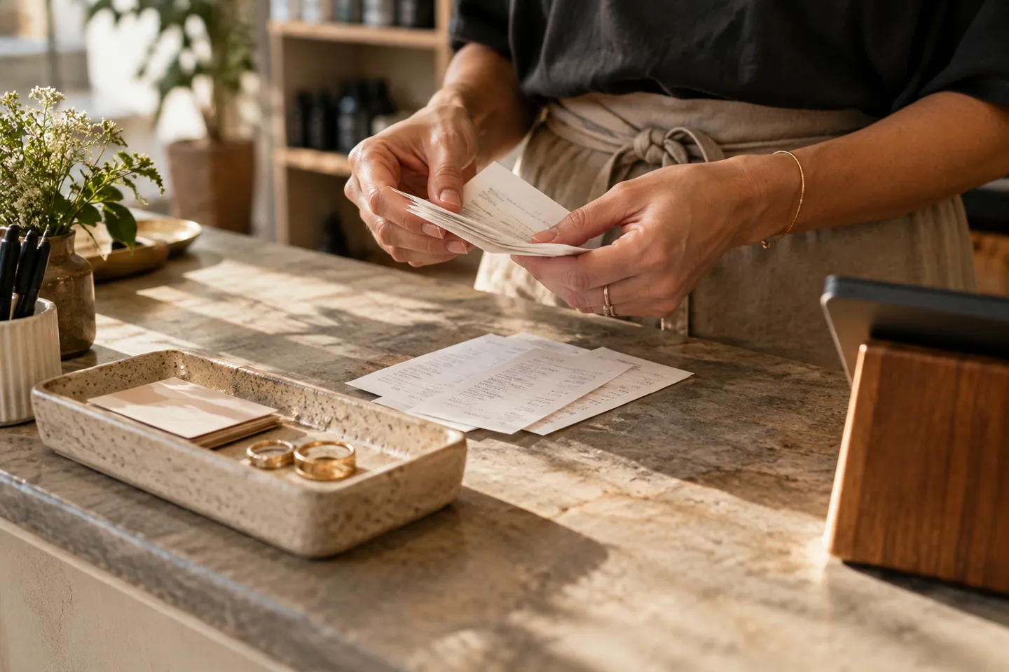 An owner counting printed service receipts beside a ceramic till tray, close detail with natural shadow
