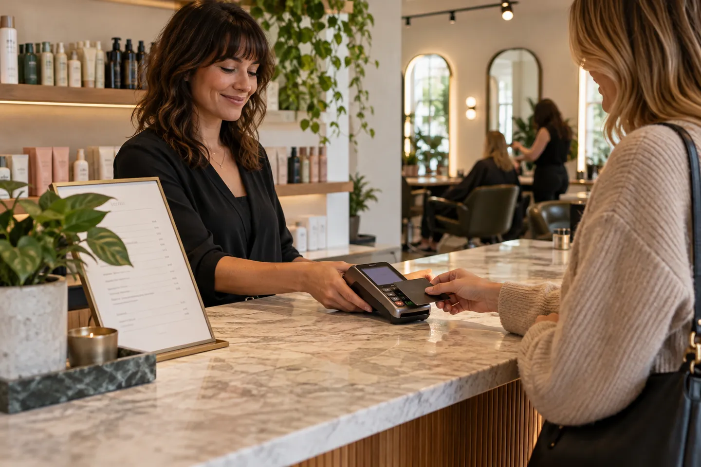 An unbranded card terminal and service menu at a contemporary hair salon checkout, wide counter view