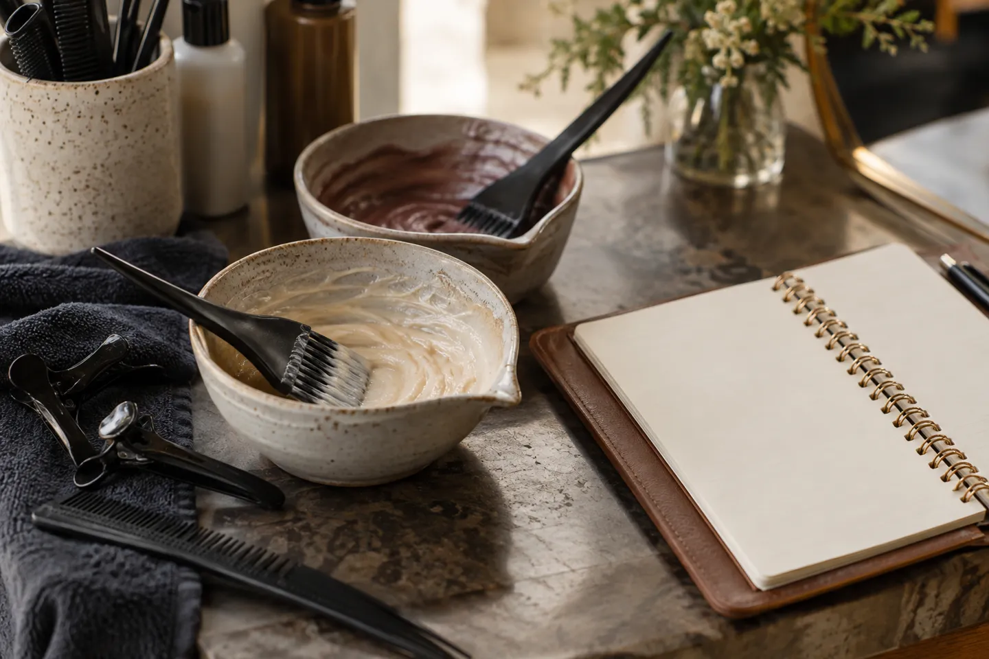 Freshly prepared hair-color bowls, combs and sectioning clips arranged beside a blank planner, close still life