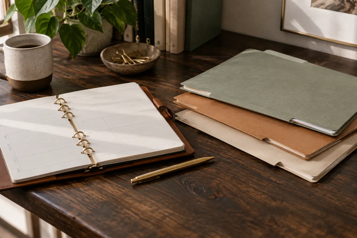 A simple appointment book beside separate folders for staff, clients and operations, still life on dark wood