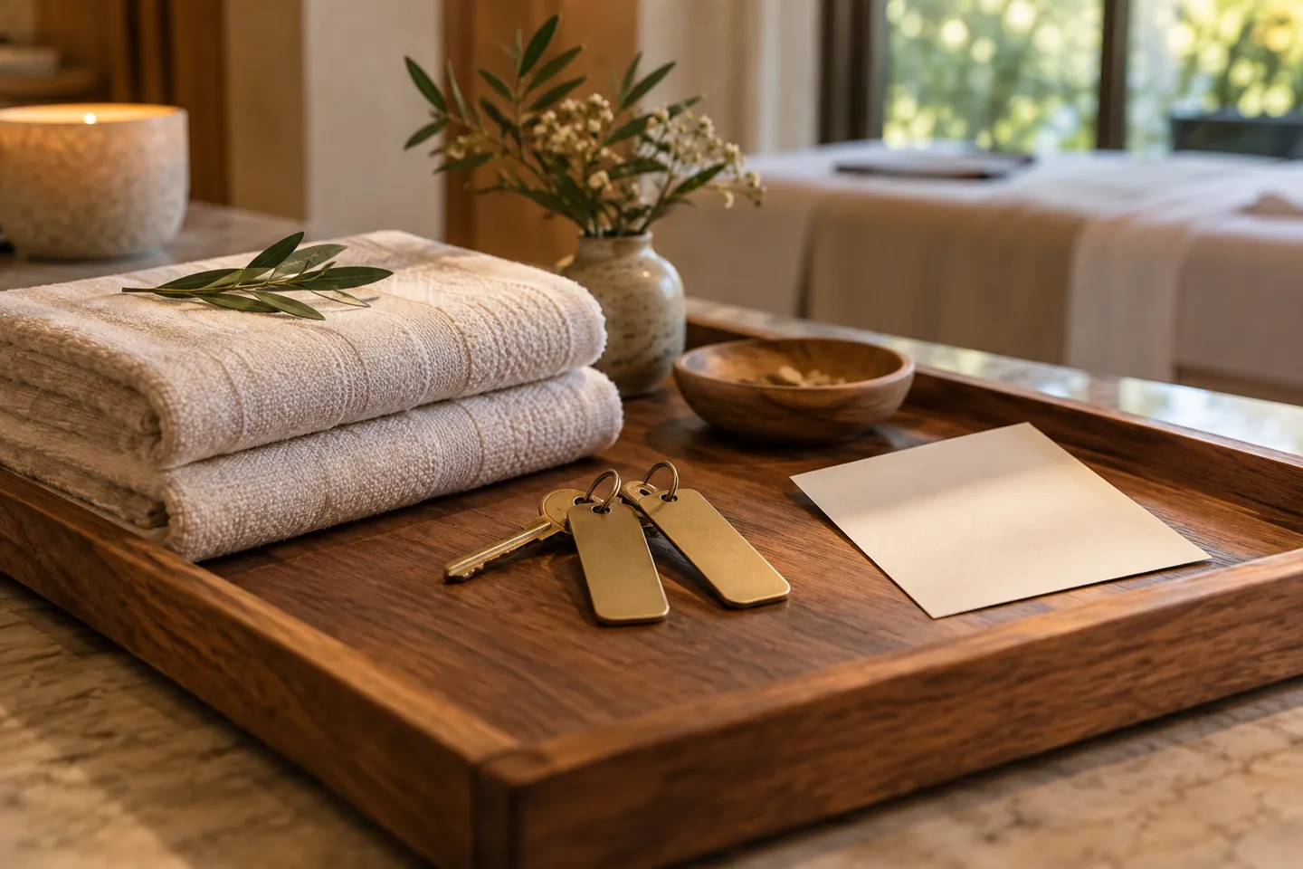 Folded linen towels and two discreet room keys resting on a wooden tray beside a blank appointment card