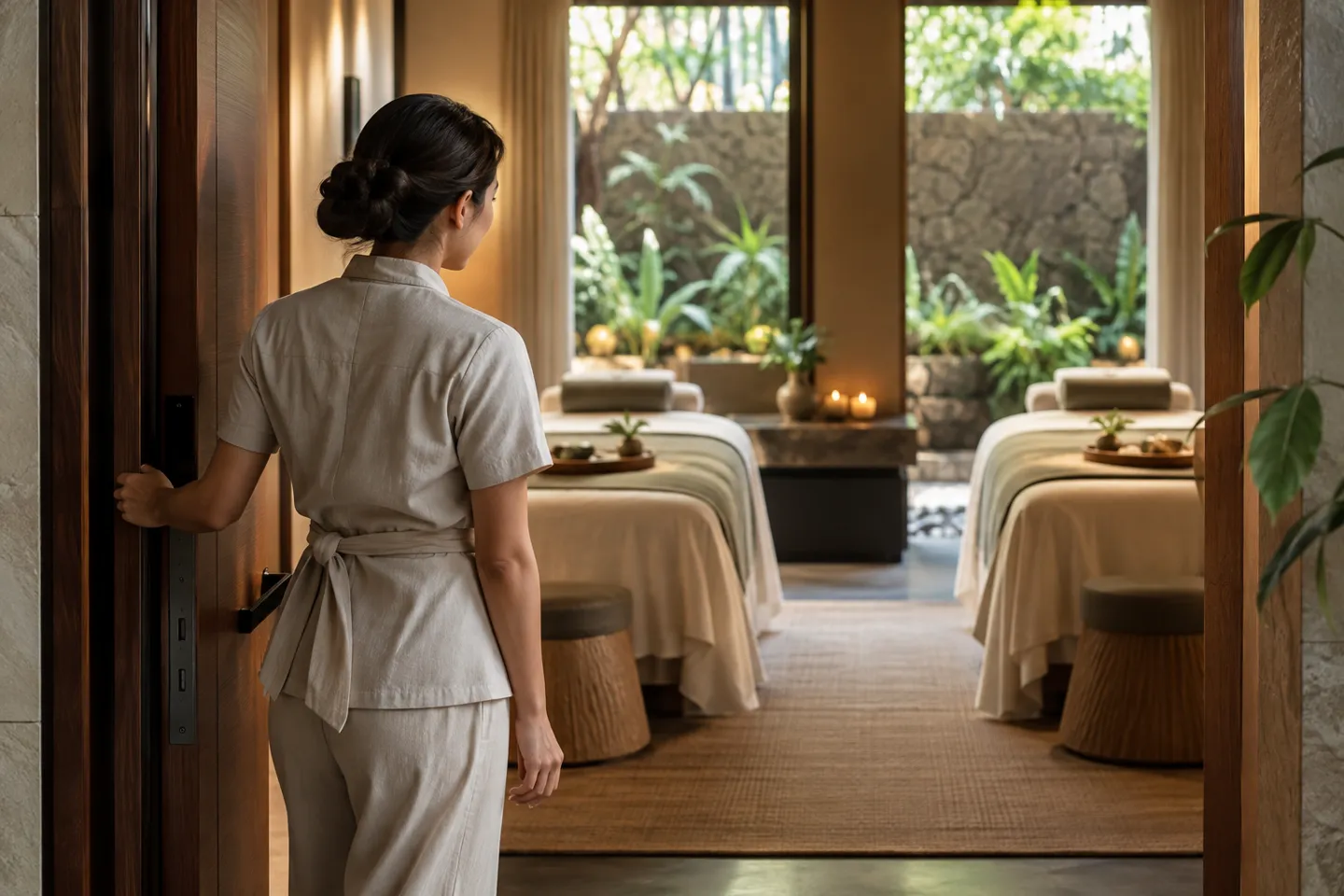 A spa therapist opening a tranquil treatment room with two separate treatment spaces visible