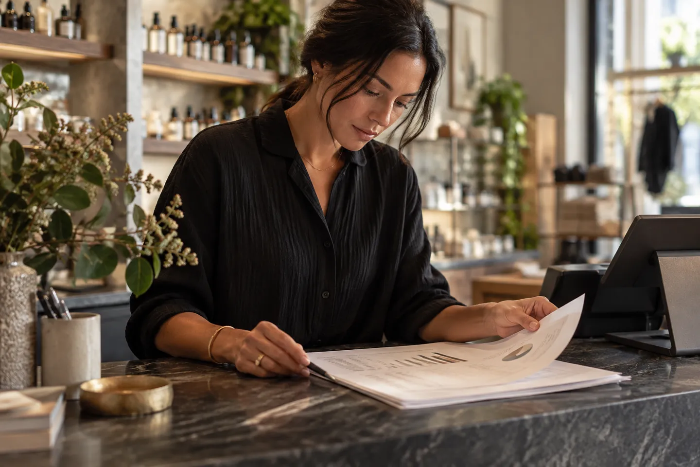 A shop manager reviewing a paper sales summary at a dark stone counter, hands and document detail