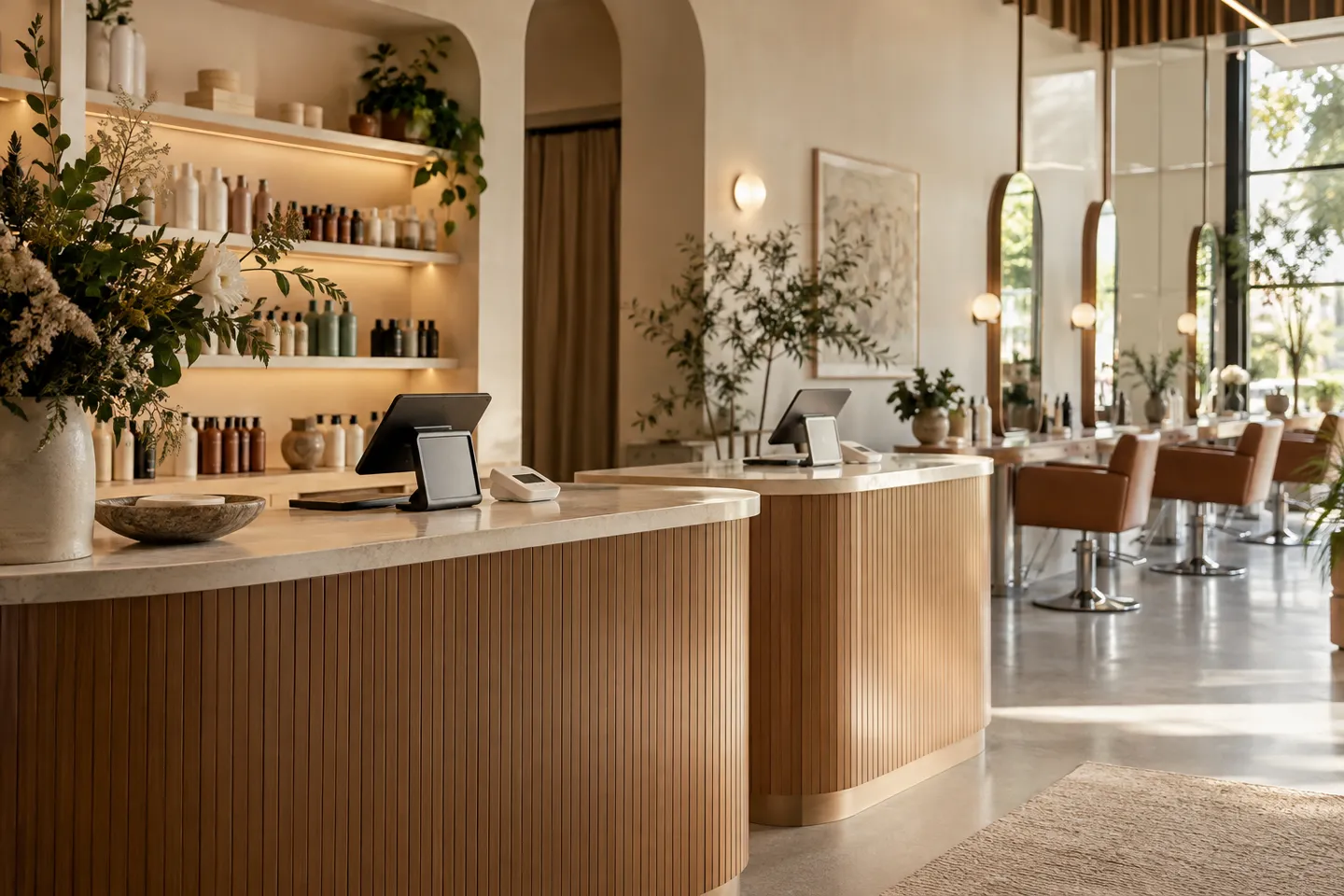 A boutique salon with two checkout stations and an unbranded payment reader, architectural interior photograph