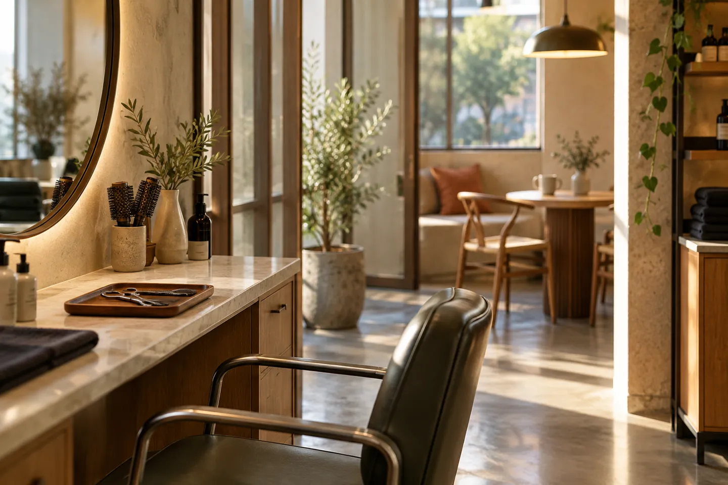 An empty salon station with scissors safely laid down and a tea cup in the break area beyond, architectural detail