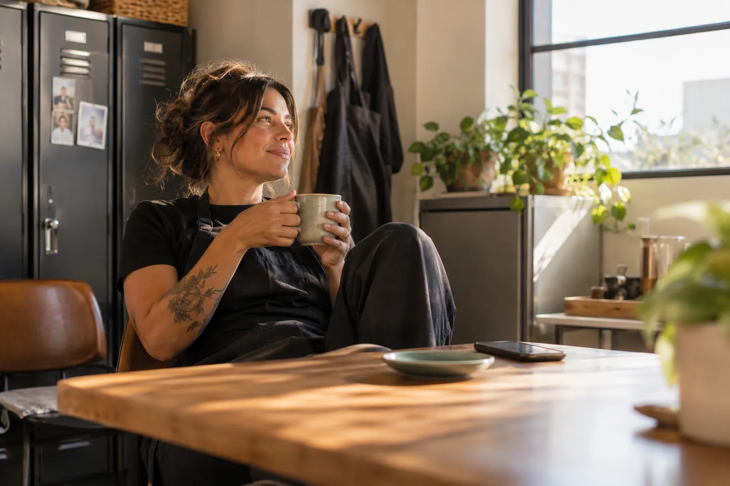 A stylist enjoying a quiet tea break in a sunlit staff room, documentary photograph
