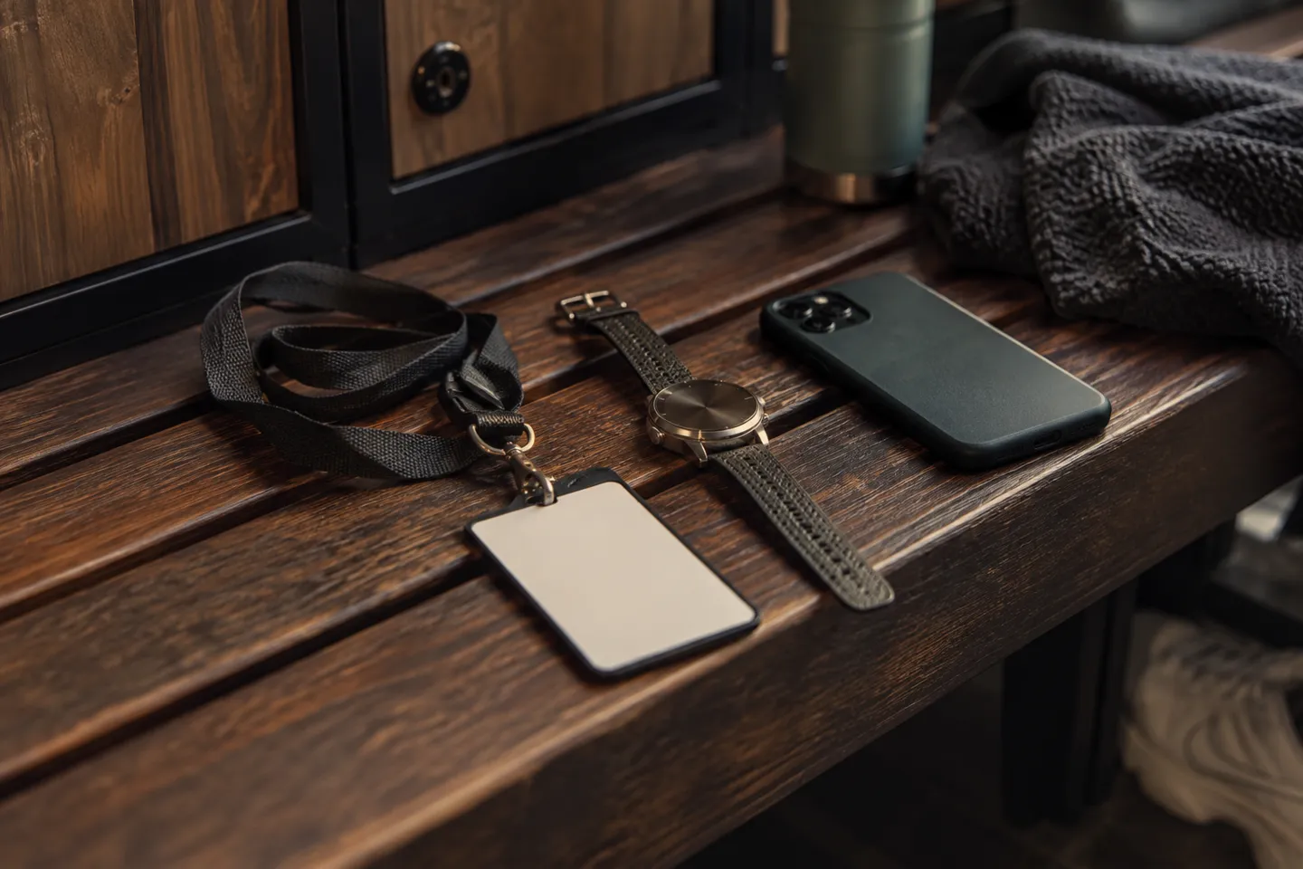 A staff lanyard, wristwatch and phone face down arranged on a dark wooden locker bench
