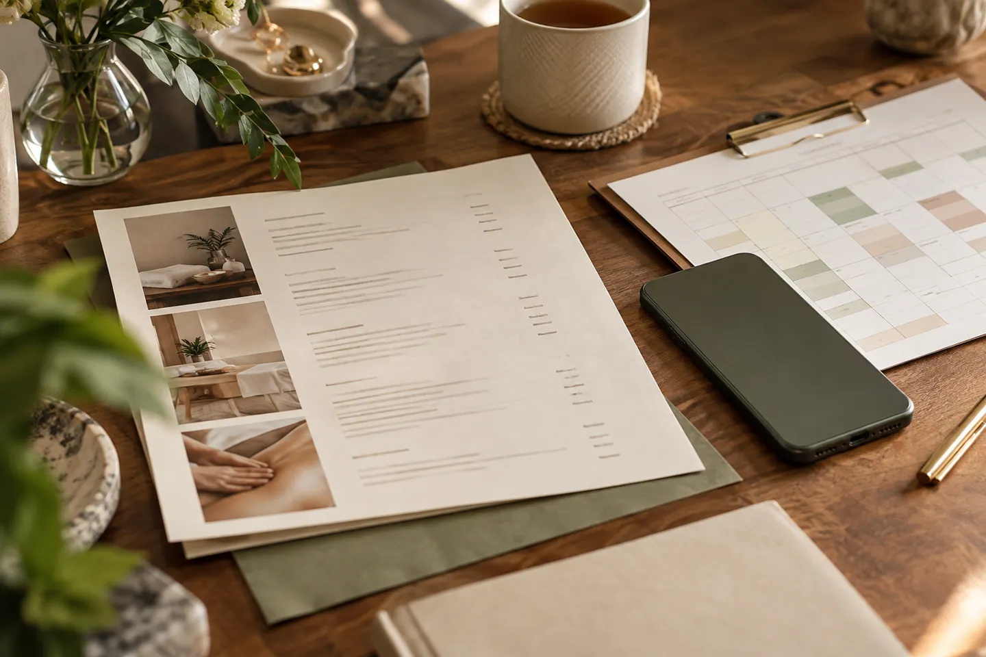 A service menu with unreadable type beside a staff rota and mobile phone face down, layered desk still life