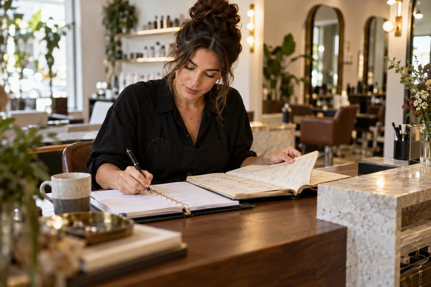 A salon manager carefully transferring appointments from an old paper ledger to a new organizer, environmental portrait