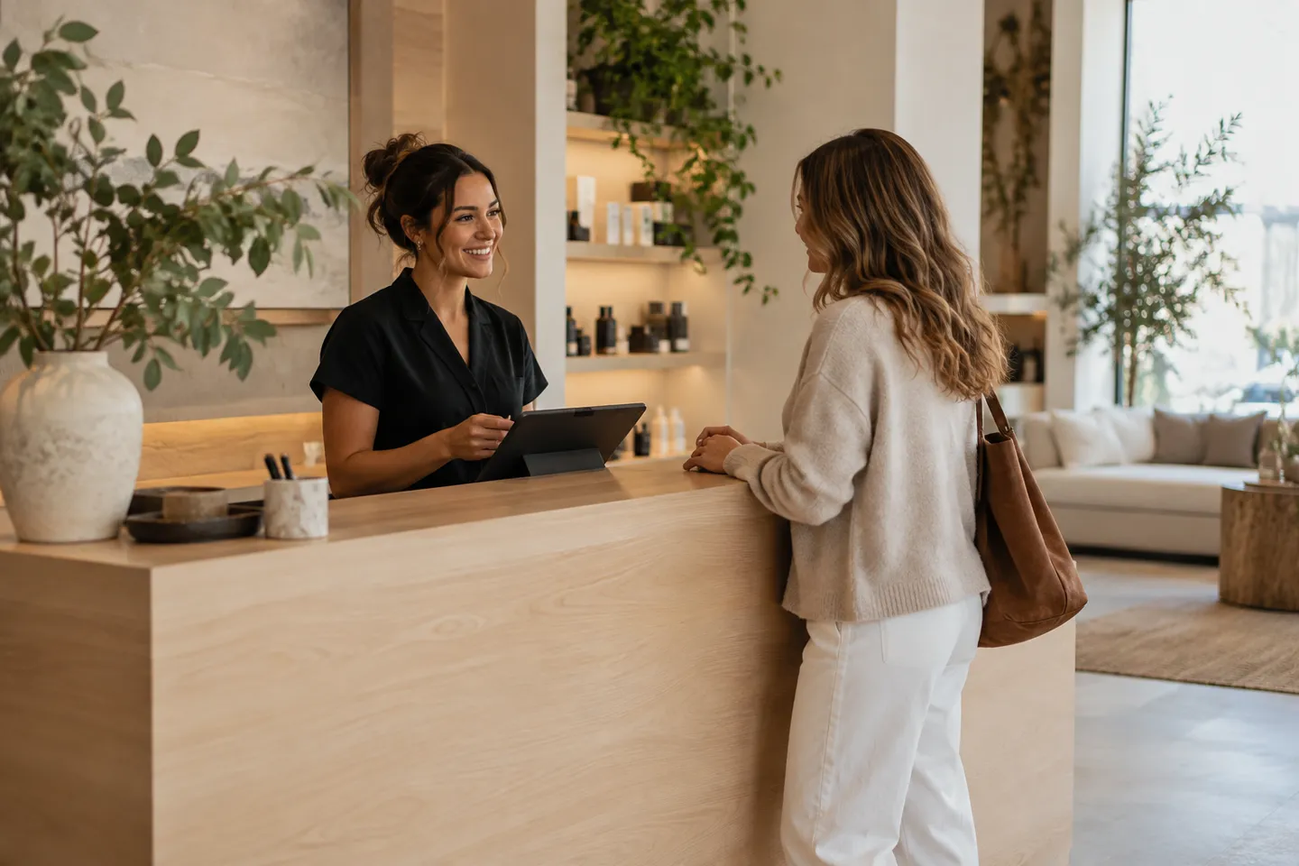 A receptionist and client completing a checkout conversation at a pale timber desk, wide candid shot