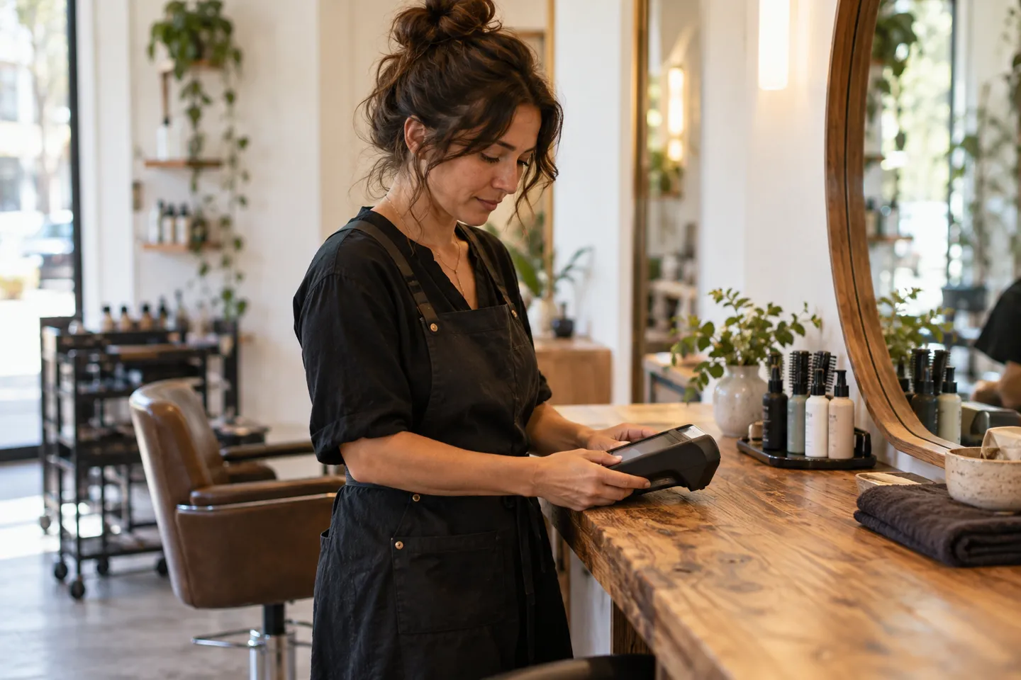 A shop owner checking an unbranded payment terminal beside a service workstation before opening