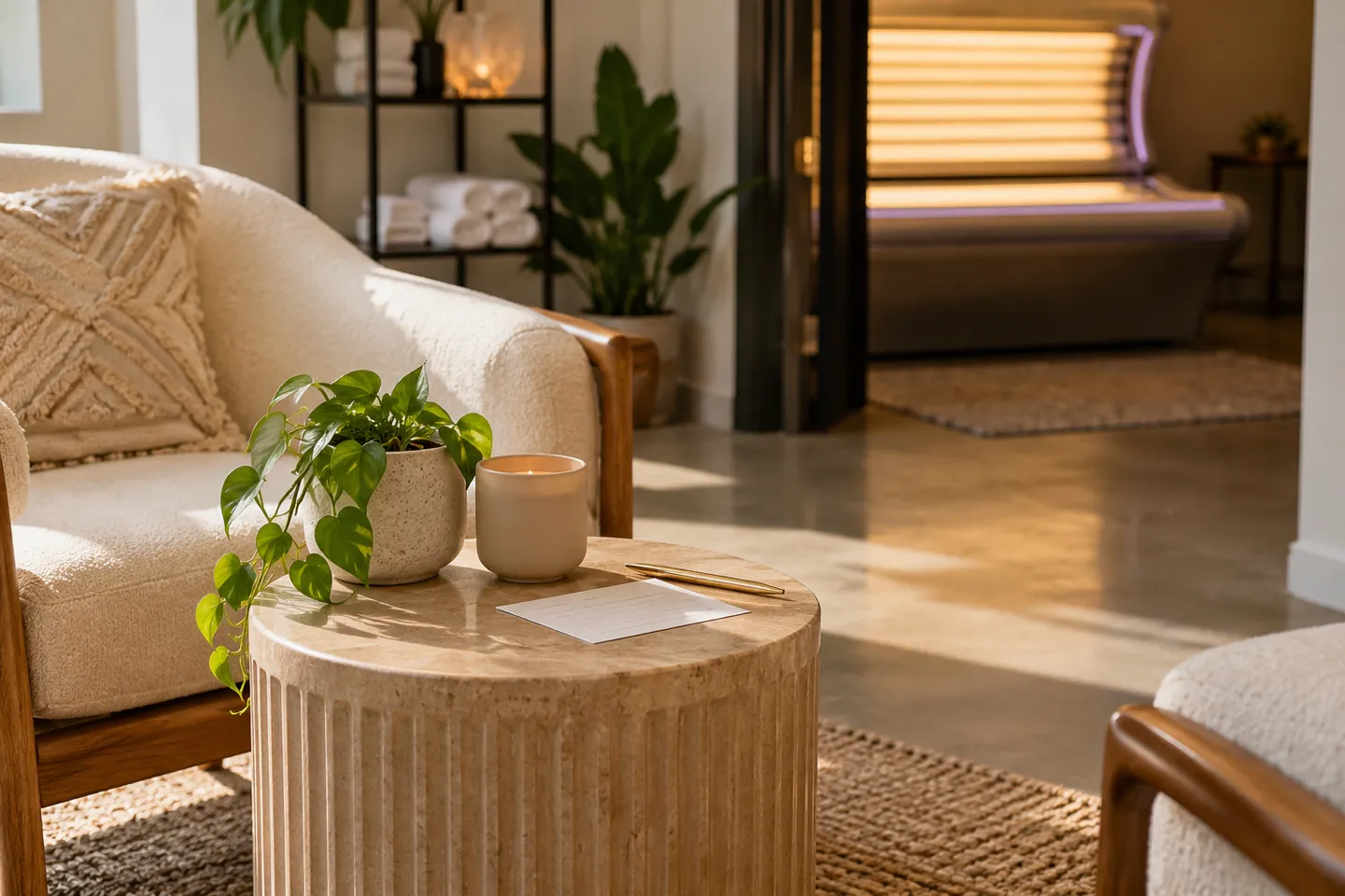 A clean empty tanning studio waiting area with a return-visit appointment card resting on a small side table