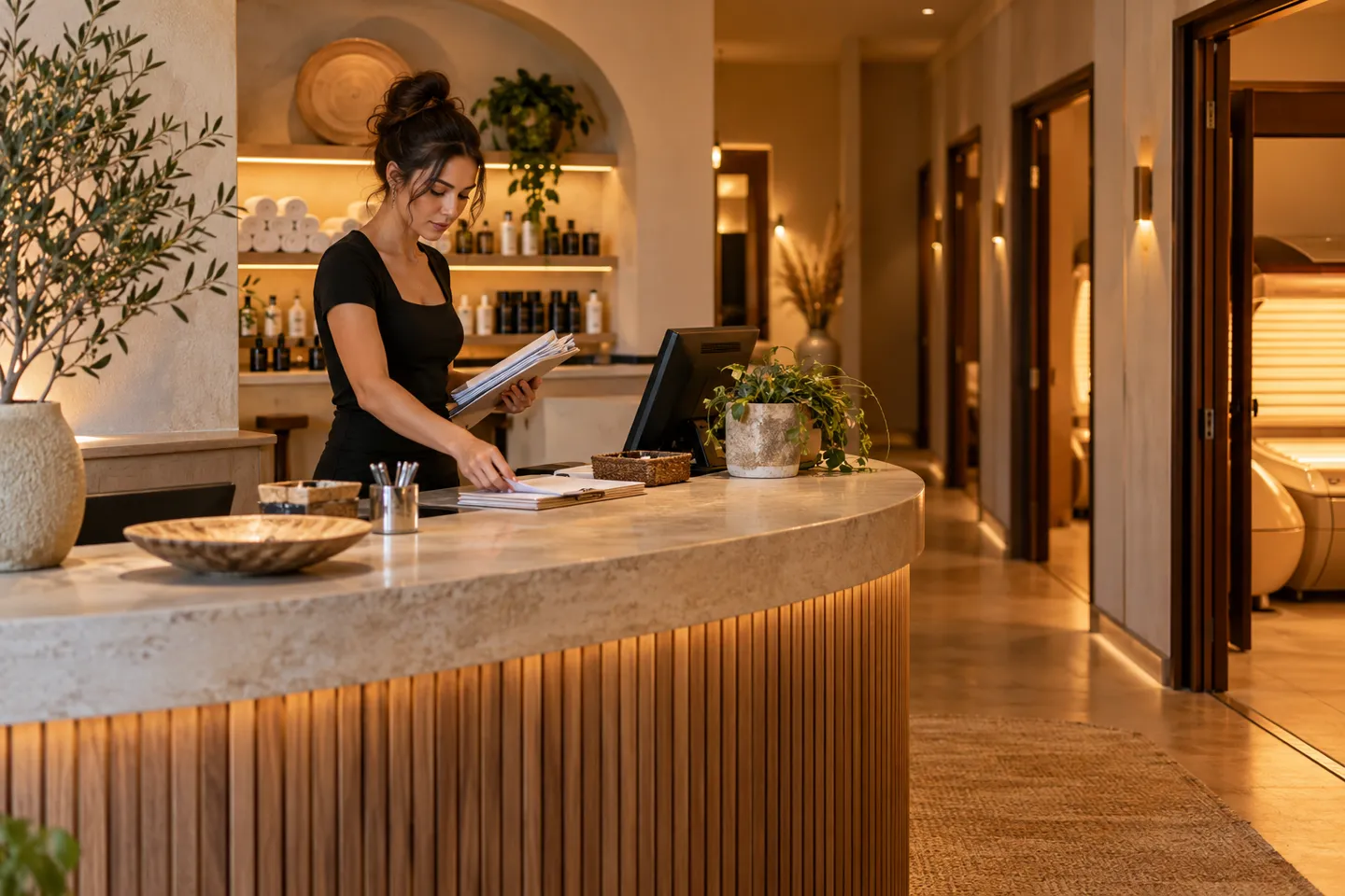 A tanning studio receptionist preparing the front desk before opening, softly lit sand-colored interior