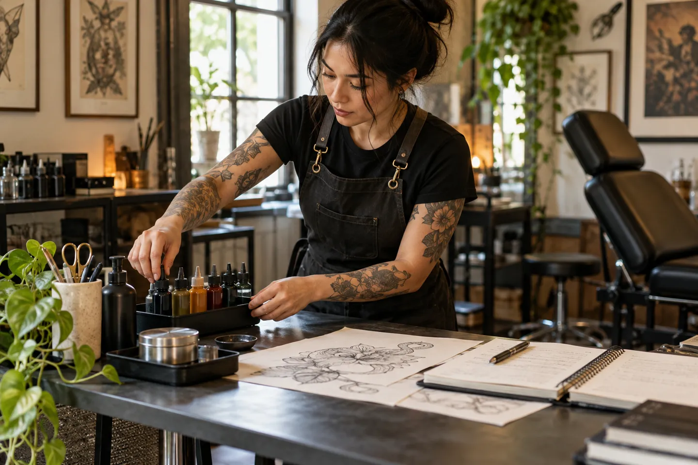 An artist arranging sealed ink bottles, sketch paper and a timing notebook on a clean workstation, no procedure