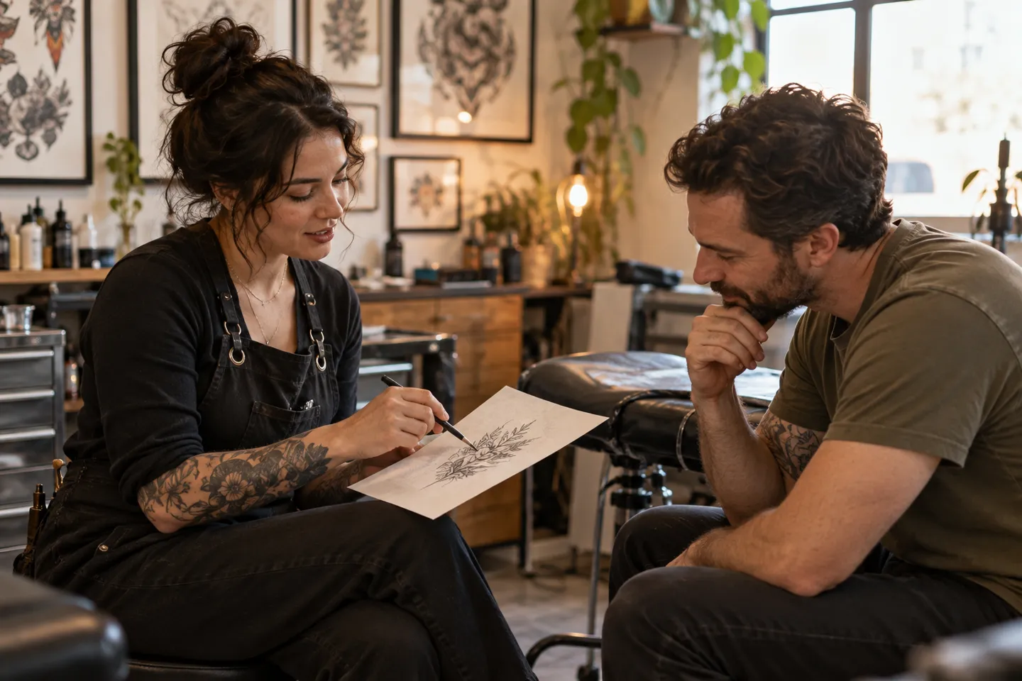 A tattoo artist discussing a small design sketch with an adult client in a warm professional studio