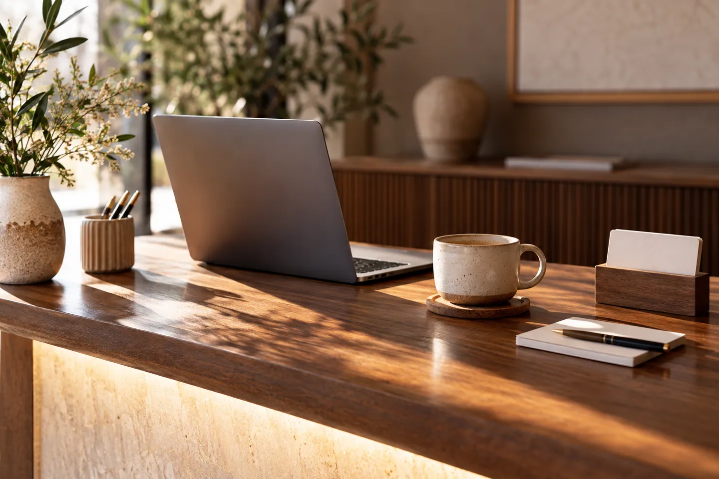 A neatly prepared reception table with a modest laptop, ceramic coffee cup and blank appointment cards, side-lit still life