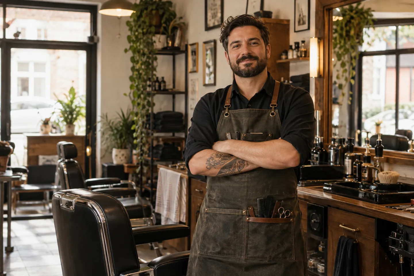 A confident independent barbershop owner standing in his compact well-organized shop before the working day